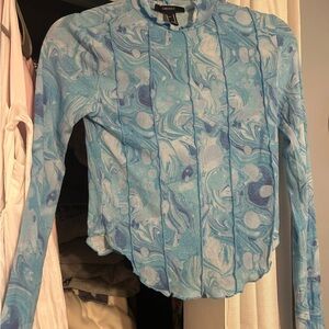 Trendyol Blue and White Fitted Ribbed Blouse with Mandarin Collar